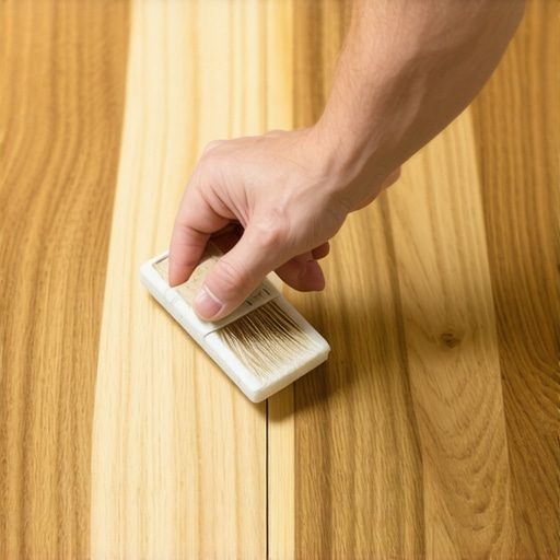 Applying wood stain to a corner with precision Close-up of a foam brush applying stain to a hardwood floor corner