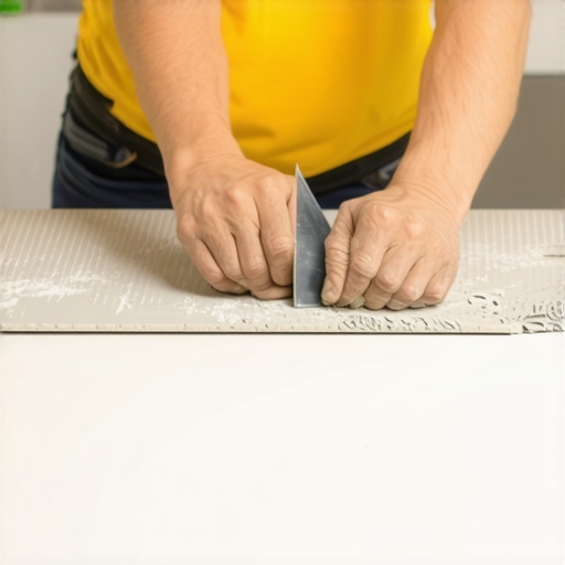 A person applying a thin layer of mortar to the back of a tile to ensure a strong bond.
