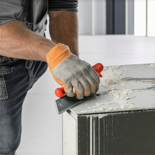 Back-buttering Large Format Porcelain Tile Professional tile installer applying mortar to the back of a large tile.