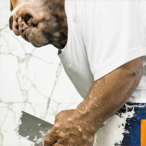 Installer applying white mortar to the back of a marble tile to prevent moisture shadowing.