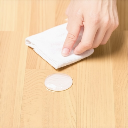 Blotting a spill on new hardwood Hands using a microfiber cloth to blot moisture from a freshly finished wood floor