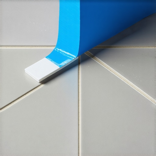 Blue Tape Tile Tension Method Close-up of blue painter's tape securing two tiles with spacers to prevent shifting during installation.