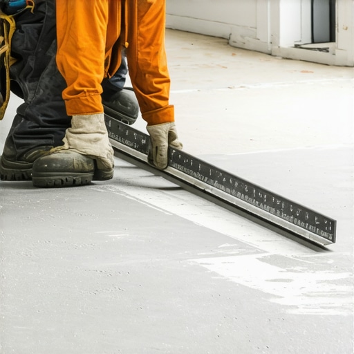 Professional contractor using a straightedge and chalk to find low spots on a concrete floor before wood installation.