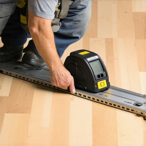 A contractor measuring subfloor deflection to ensure it meets L/360 standards before installing tile.