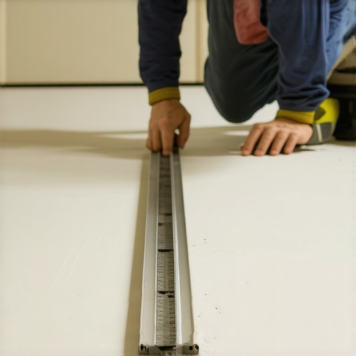 Using a 10-foot straightedge to verify floor flatness for flooring installation.