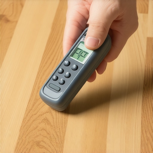 A hand using a pinless moisture meter on a hardwood floor plank