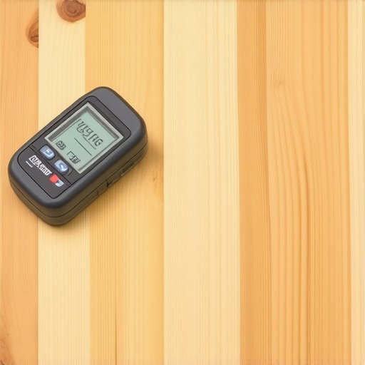 Professional pinless moisture meter on a hardwood floor plank