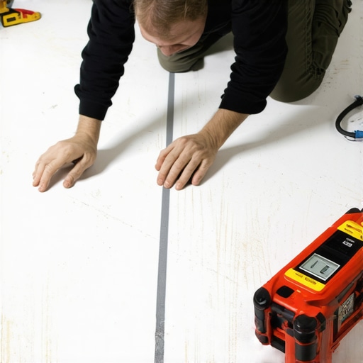 Checking Precision for Flooring Installation Professional floor installation setup with chalk lines and tools