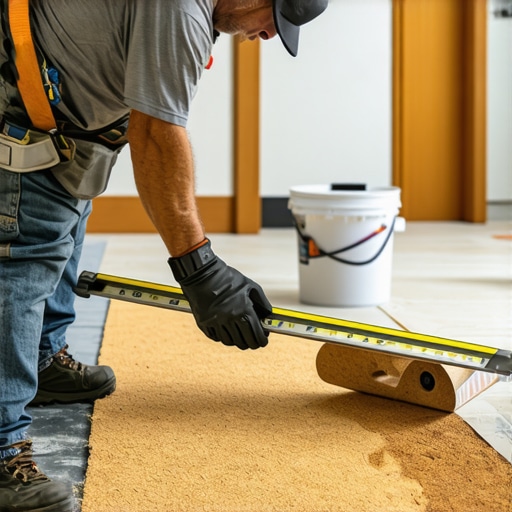 Contractor measuring floor levelness and deflection before installing cork underlayment.
