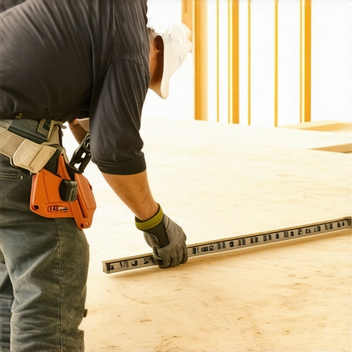 Checking Subfloor Deflection for Tile Stability Contractor measuring subfloor flex and flatness with a straight edge tool before tiling