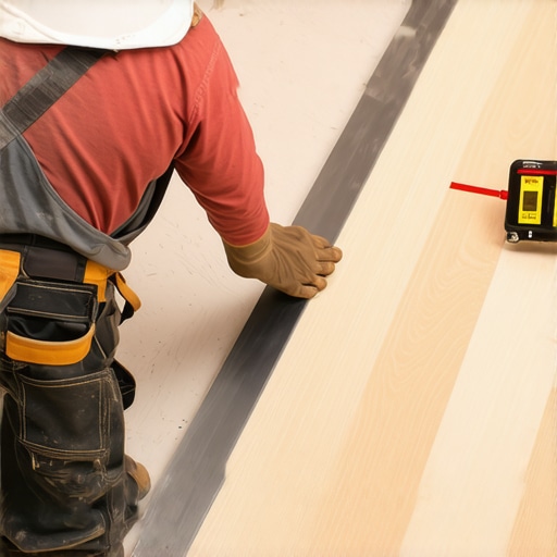 Professional contractor measuring subfloor deflection with a straightedge and laser level.
