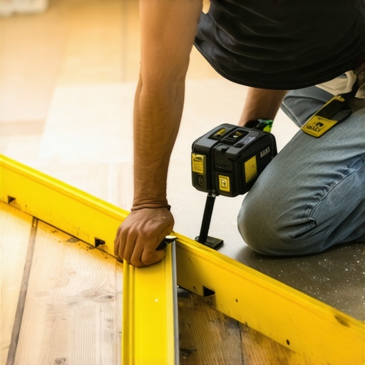 Contractor measuring subfloor flatness with a straightedge and laser level.