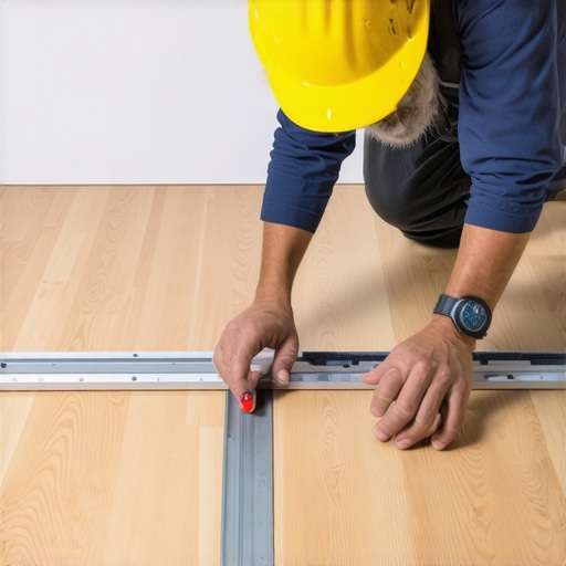 Contractor measuring subfloor deflection with a straightedge and feeler gauge.