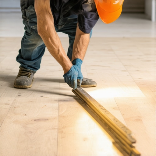 Checking Subfloor Flatness vs Levelness Contractor checking subfloor flatness using a straight edge and flashlight to find dips.