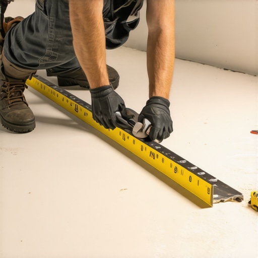 Checking Subfloor Flatness vs Levelness A contractor measuring floor flatness with a long straight edge tool to ensure it meets ANSI standards.