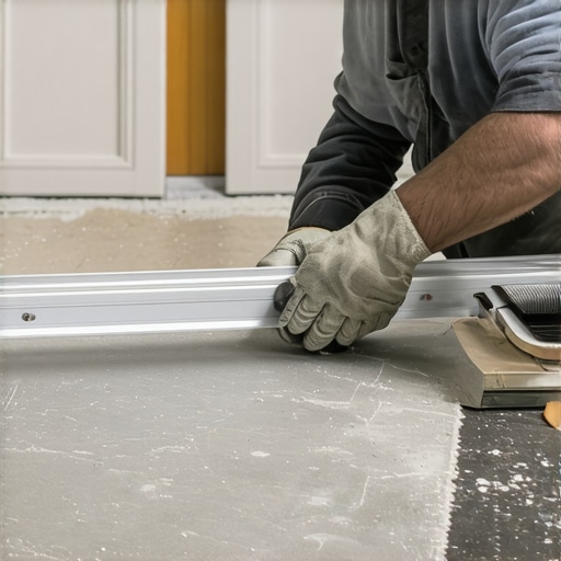 Checking Subfloor Flatness with a Level Contractor checking concrete subfloor flatness with a long metal level before tile installation