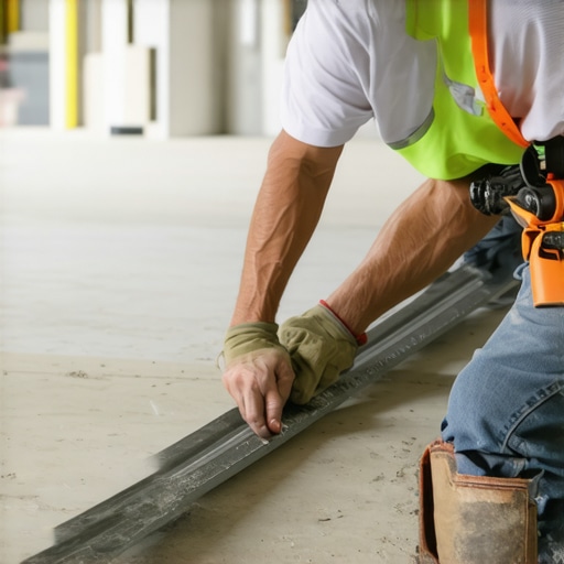 Checking Subfloor Flatness with a Straight Edge A contractor demonstrating how to check for subfloor flatness using a long metal level to identify dips before tiling.