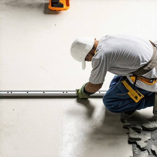 Checking Subfloor Flatness with a Straight Edge Professional contractor checking for subfloor lippage and flatness with a level before tile installation.