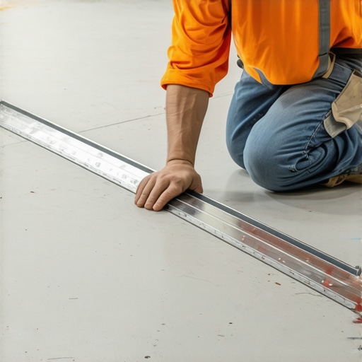A contractor using a long metal straightedge to identify dips in a subfloor before installing tile.