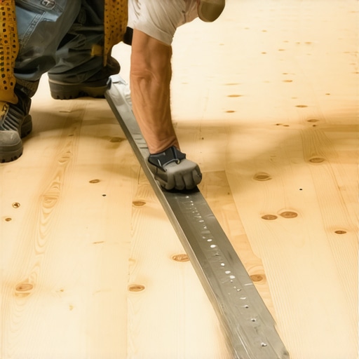 Professional checking for subfloor dips and humps using a 10-foot straightedge before installing bamboo flooring.
