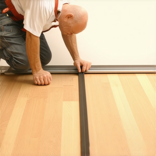 A contractor measuring floor flatness with a long straightedge tool.