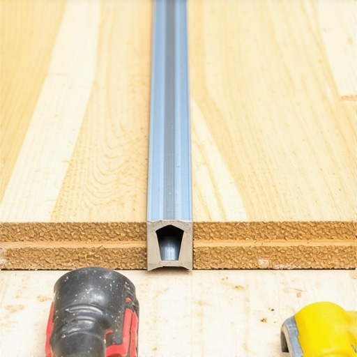 Professional contractor using a long straightedge tool to measure gaps in a plywood subfloor before installing hardwood.