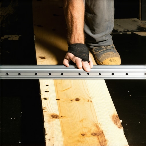 A contractor checking a plywood subfloor for flatness using a 10-foot straightedge tool before flooring installation.