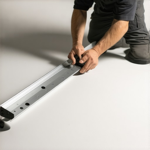 Contractor using a professional straightedge to find high and low spots on a subfloor before tile installation.