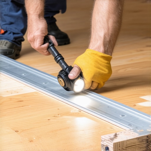A worker measuring plywood subfloor flatness before flooring installation