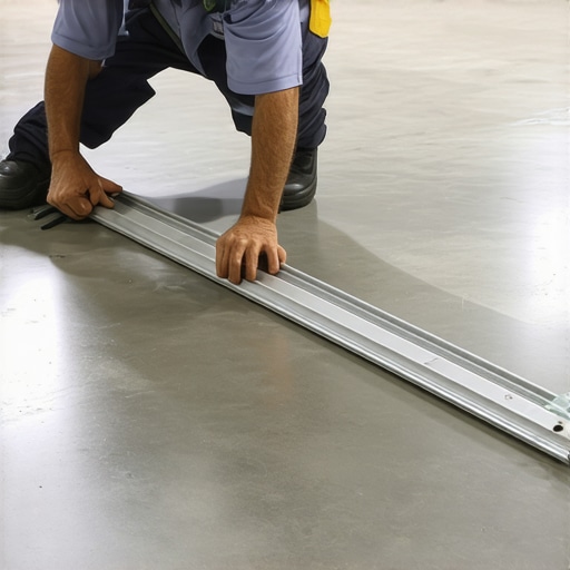 Contractor testing for subfloor dips and waves using a professional 10-foot straightedge.