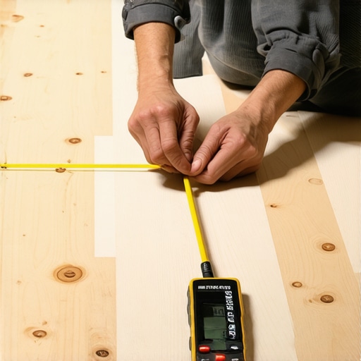 A worker using the string line method to check plywood subfloor flatness before flooring installation