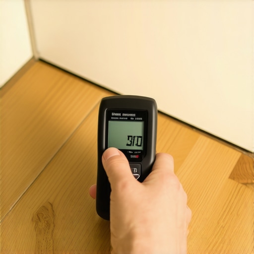 Checking Subfloor Moisture Levels Pro flooring installer using a digital moisture meter to check for dampness near a floor transition strip.