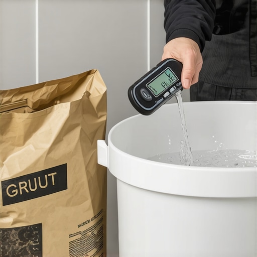 Checking Water Temperature for Perfect Grout Mixing A professional measuring water temperature before mixing tile grout to ensure color consistency.