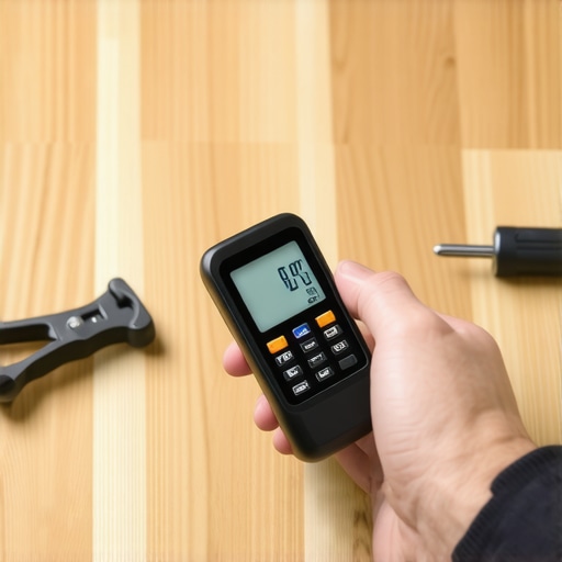 Professional using a moisture meter on a light oak herringbone hardwood floor to check for subfloor readiness.