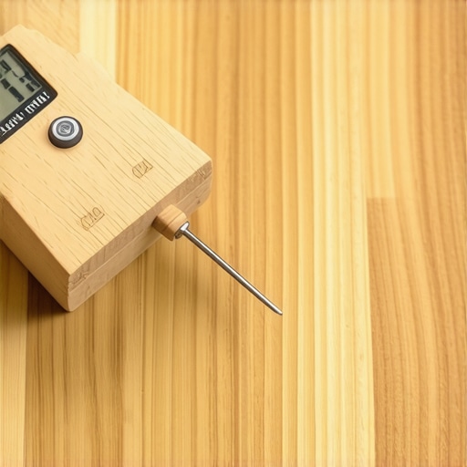 Checking Wood Moisture Levels in Corners A professional contractor using a moisture meter on a hardwood floor corner to ensure the wood is dry enough for staining.