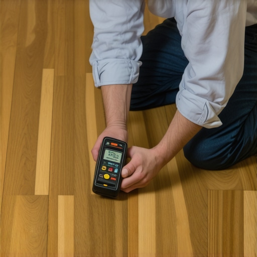 Checking Wood Moisture Levels Contractor using a digital moisture meter on hardwood planks before installation.