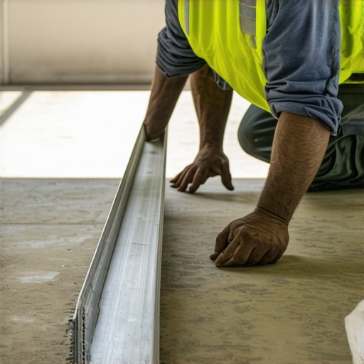 Professional installer checking a concrete slab for flatness using a straightedge tool