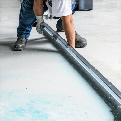 Contractor measuring concrete floor levelness before tile installation