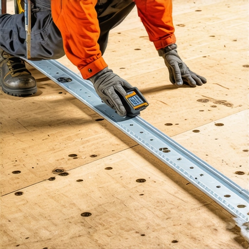 Checking floor deflection before tile installation Professional checking subfloor deflection with a straightedge and gauge.
