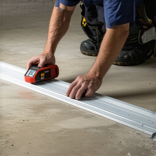 Professional contractor checking subfloor flatness with straightedge