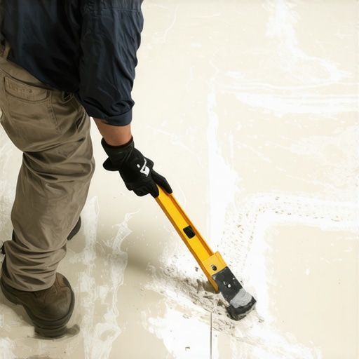 Contractor checking for floor dips with a level over old vinyl flooring.