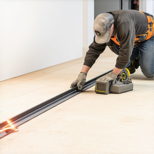 A professional contractor using a straightedge to check for subfloor flatness before tile installation.
