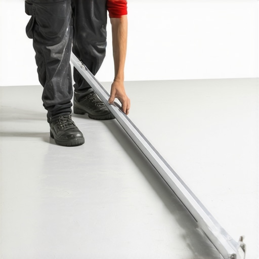 Checking floor flatness with a straightedge A professional checking the flatness of a self-leveled floor with an aluminum straightedge.