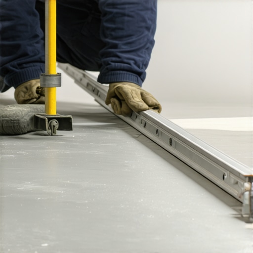 Checking floor flatness with a straightedge Professional contractor measuring subfloor flatness using a 10-foot straightedge on concrete.