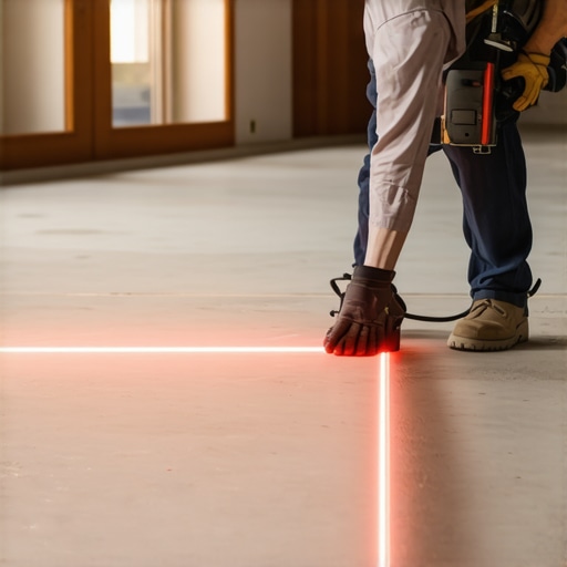 Checking floor flatness with a surface laser A professional using a laser level to ensure a perfectly flat subfloor for tile installation.