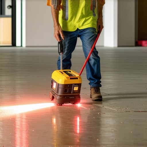 Professional contractor using a laser level to measure subfloor flatness