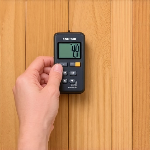Checking moisture levels in crowned hardwood Hand using a moisture meter on a bulging wood floor plank.