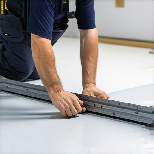 A contractor uses a long straight edge tool to find low spots on a subfloor to ensure a flat surface for tile installation.