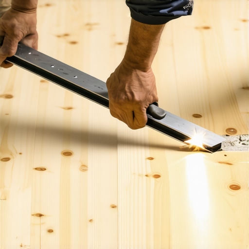 Checking subfloor flatness with a professional straight edge Contractor checking for subfloor dips and flatness using a straight edge before installing new flooring.