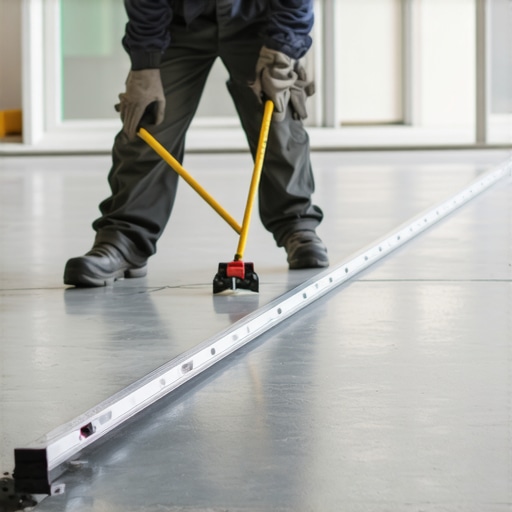 Checking subfloor flatness with a professional straightedge Professional installer using a 10-foot straightedge on concrete subfloor